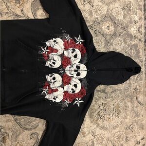 Black Hoodie with Skull and Rose Design